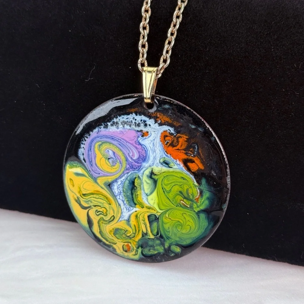 Vintage Abstract Art Pendant Necklace Long Silvertone Chain Statement